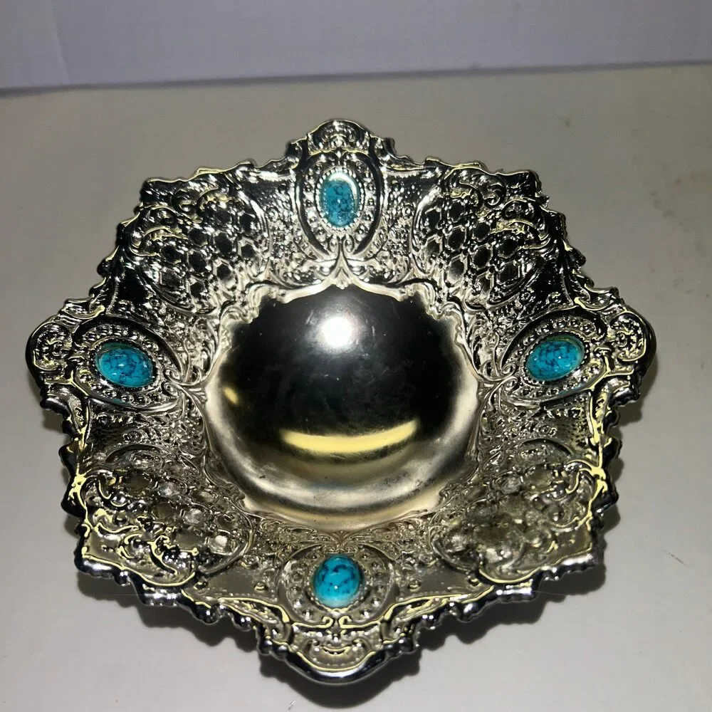 Metal Pedestal Trinket/Candy Dish w/ Turquoise Stones